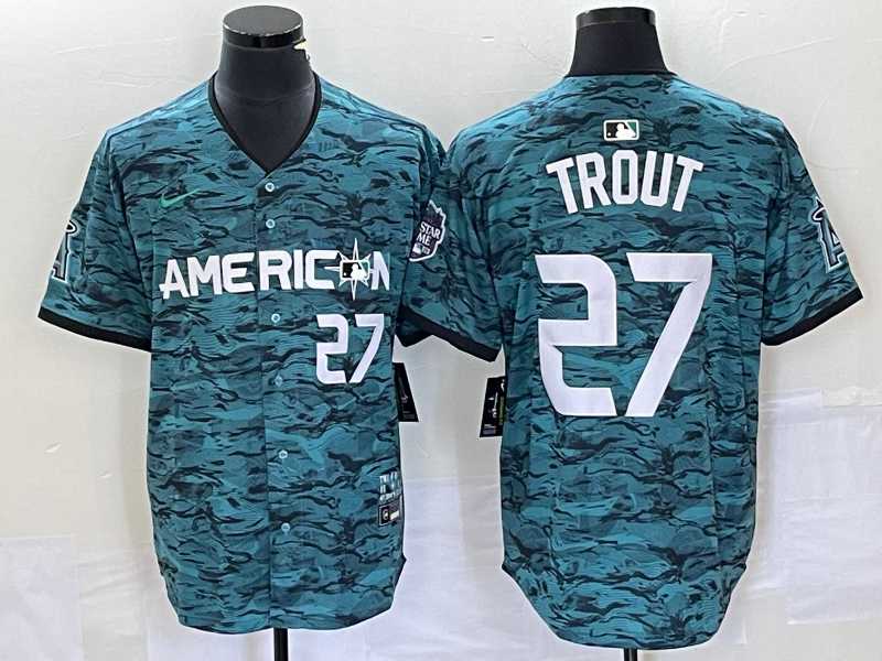 Mens Los Angeles Angels #27 Mike Trout Number Teal 2023 All Star Cool Base Stitched Jersey3->los angeles angels->MLB Jersey